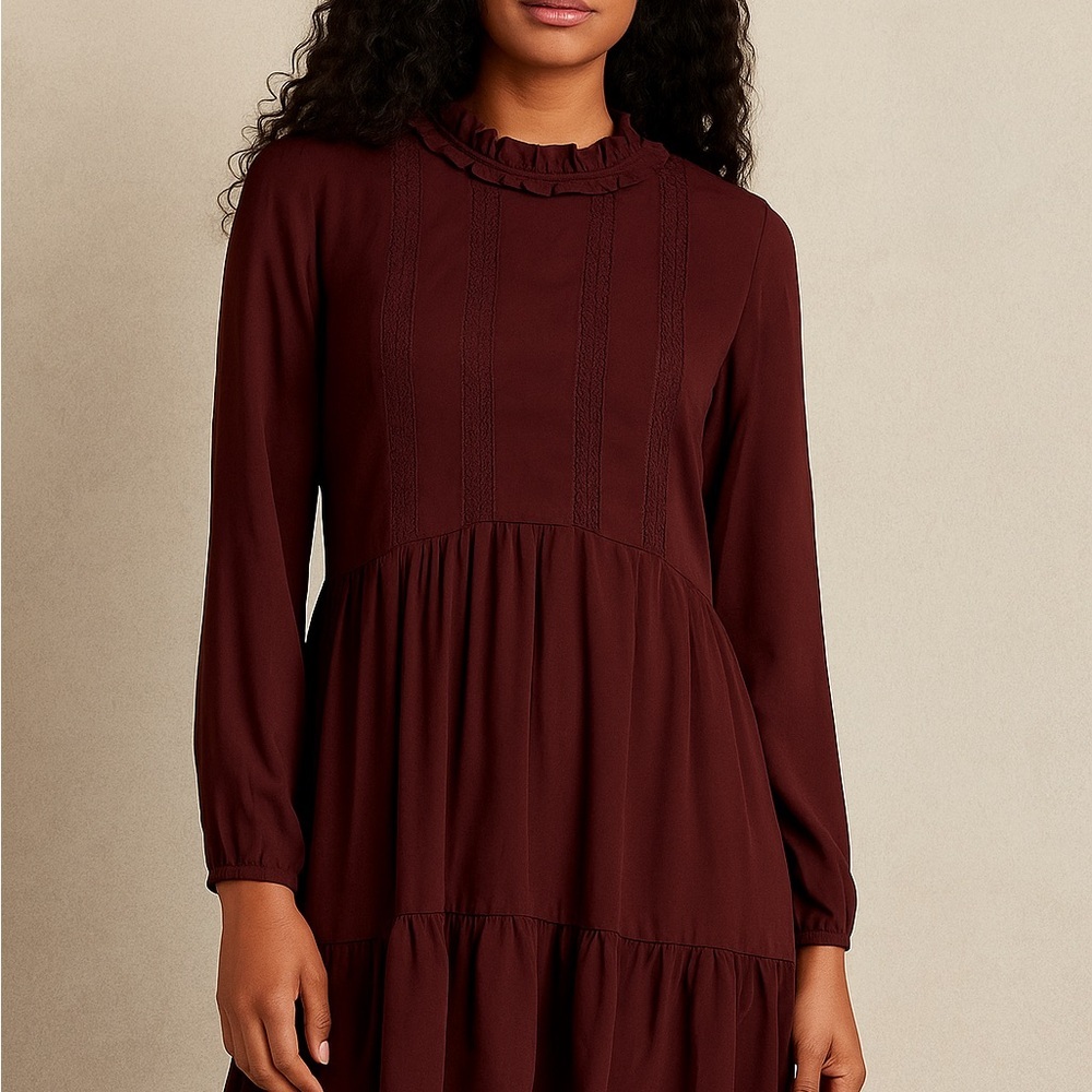 Aritzia Sunday Best Raleigh French Chic Burgundy Dress | Lace Ruffle Detail | XS - Picture 7 of 16